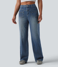 Halara Flex™ Mid Rise Straight Leg Casual Jeans with Pockets - Blue Surf Denim
