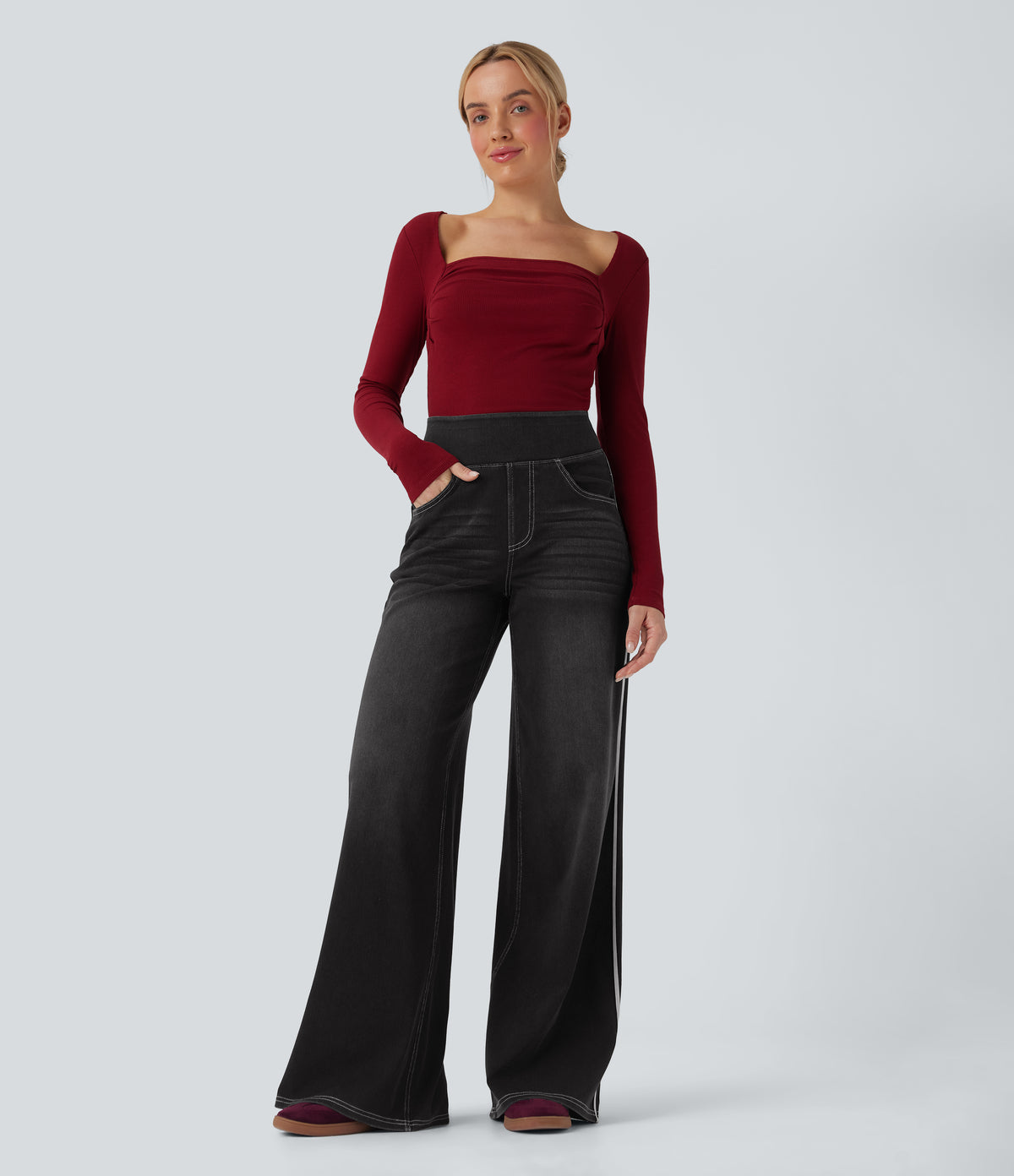 Halara Flex™ High Waisted Stripe Wide Leg Flowy Washed Casual Jeans with Pockets - Phantom Denim
