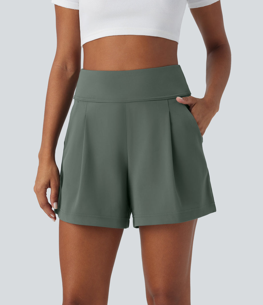DayStretch High Waisted Work Baggy Shorts 4'' with Pockets - Deep Aquamarine