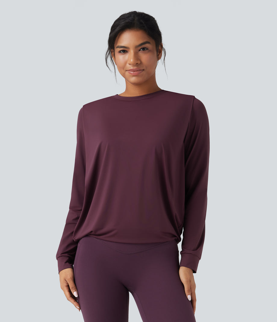 Round Neck Long Sleeve Ruched Yoga Sports Top-UPF50+ - Fig
