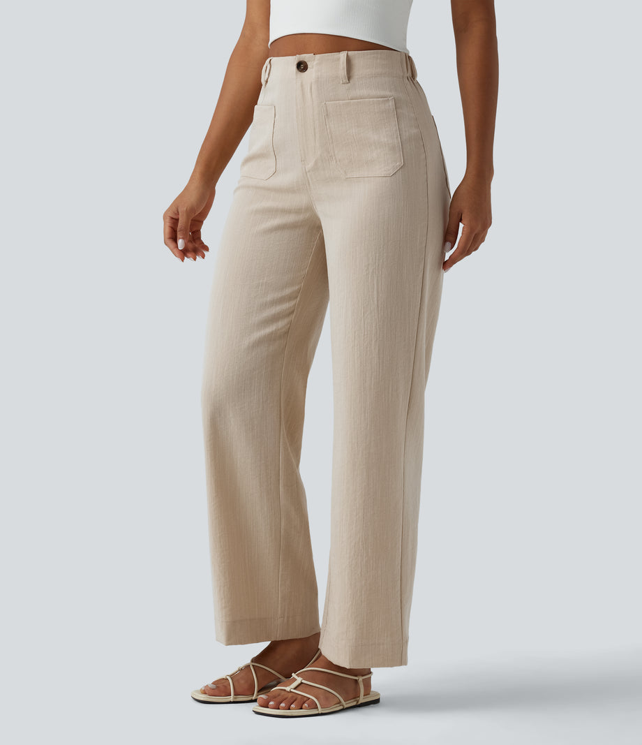 High Waisted Straight Leg Casual Linen-Feel Pants with Pockets - Dune Mirage