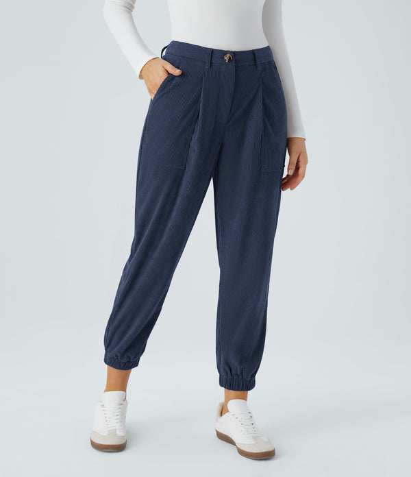 Mid Rise Zipper Pockets Corduroy Casual Joggers - Foggy Blue