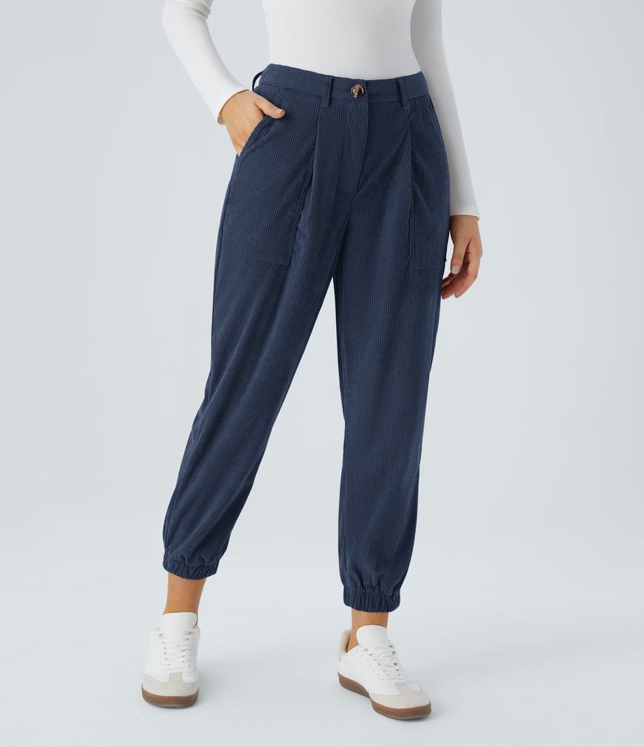 Mid Rise Zipper Pockets Corduroy Casual Joggers - Foggy Blue