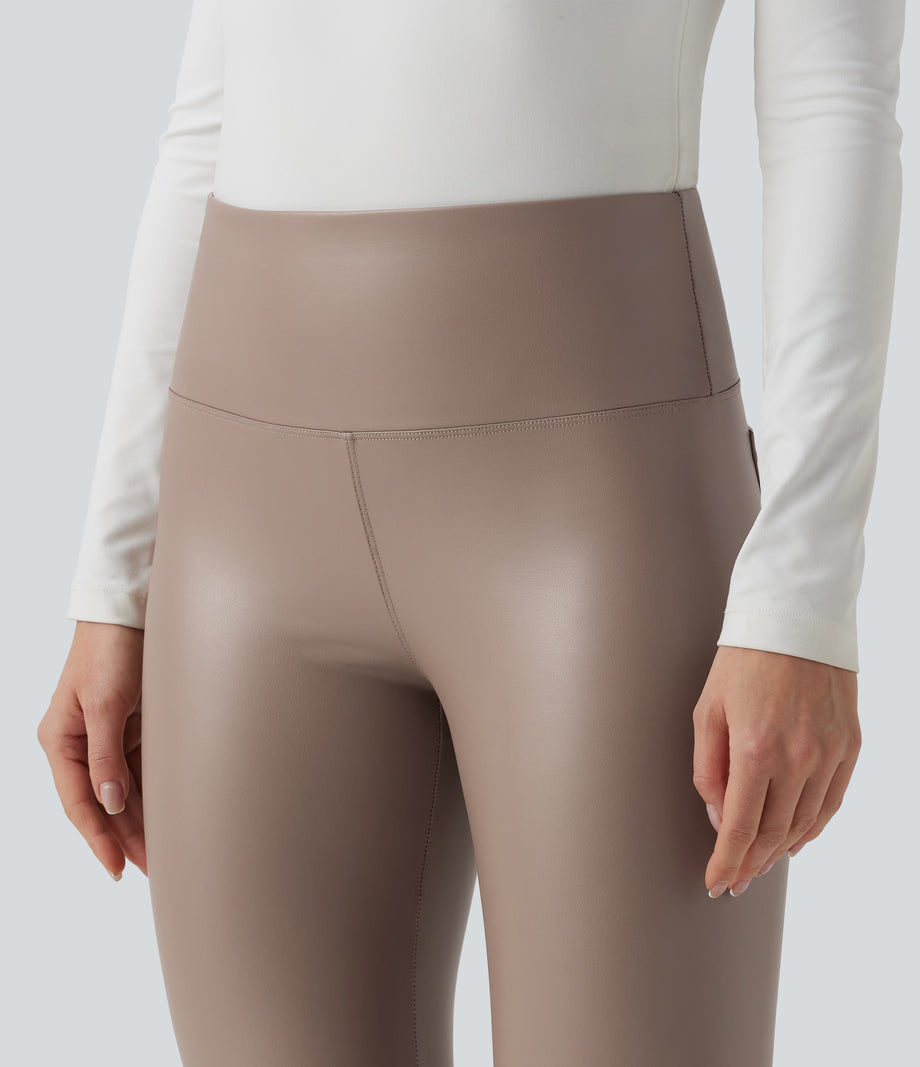 High Waisted Tummy Control Stretchy PU Fleece 7/8 Skinny Casual Leggings with Pockets - Sinopia Fresco