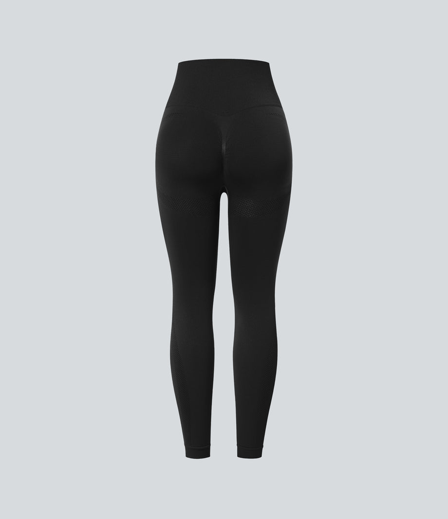 OneForm Seamless Flow High Waisted Ruched 7/8 Yoga Leggings - Black