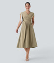 Breezeful™ V Neck Short Sleeve Pocket Tie Back Quick Dry Midi Casual Dress - Fields of Rye