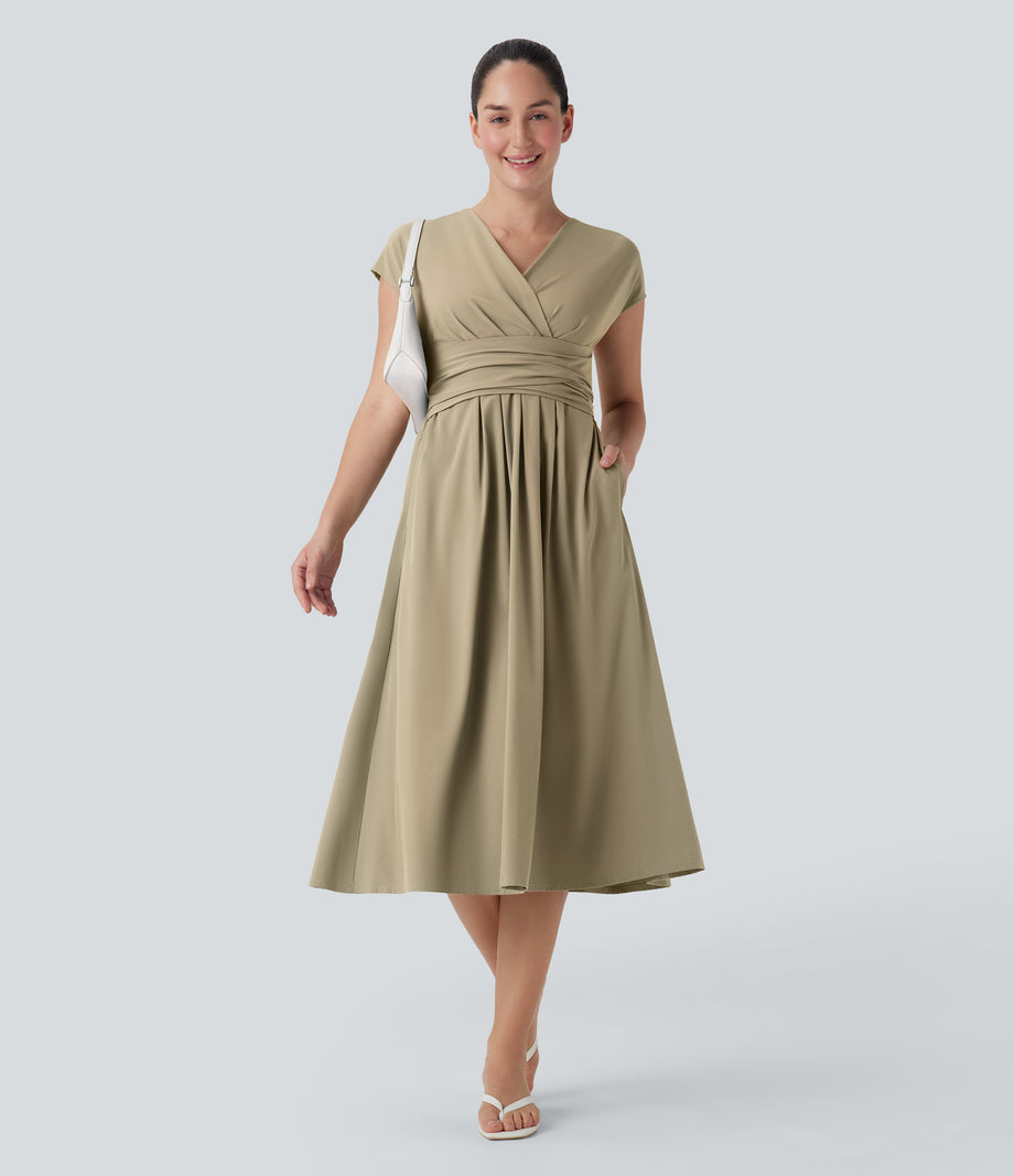 Breezeful™ V Neck Short Sleeve Pocket Tie Back Quick Dry Midi Casual Dress - Fields of Rye