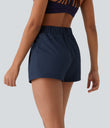 High Waisted Elastic Waistband Drawstring Pleated Yoga Shorts 3" with Pockets - Night Blue