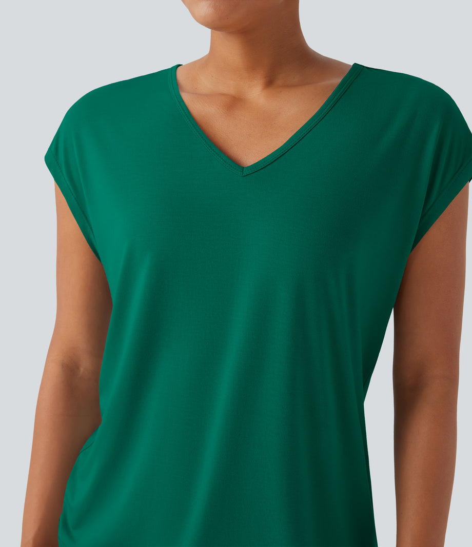 V Neck Short Sleeve Casual T-Shirt - Antique Green
