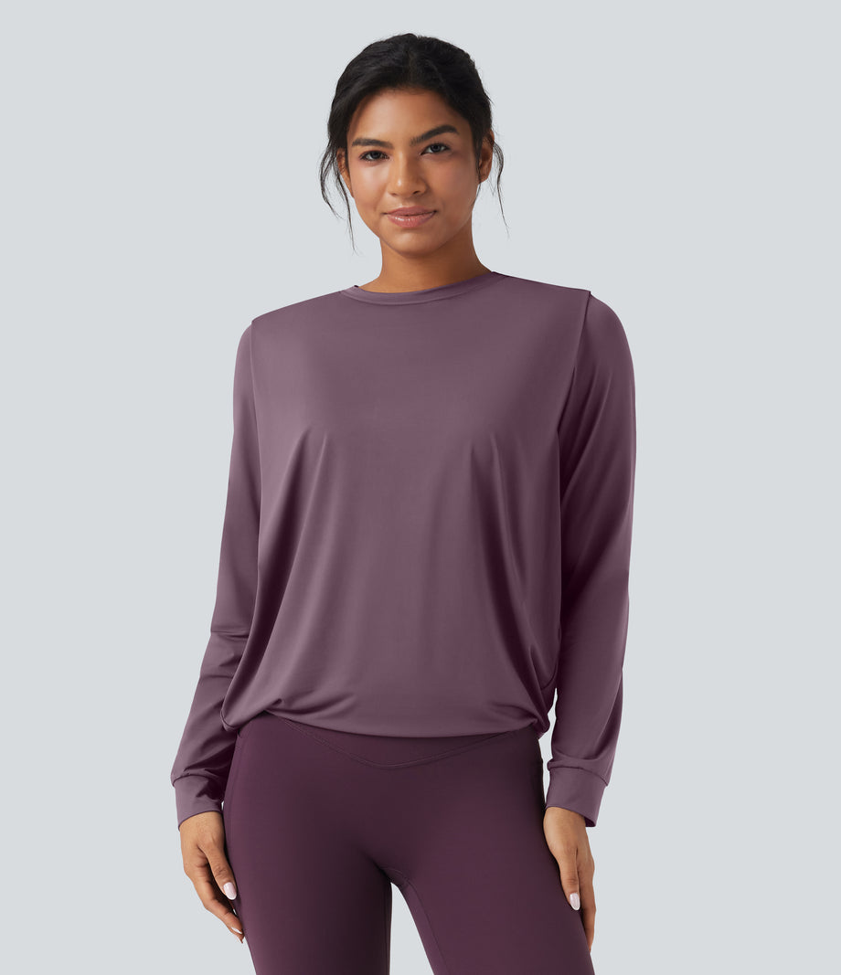 Round Neck Long Sleeve Ruched Yoga Sports Top-UPF50+ - Vintage Violet