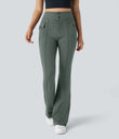High Waisted Side Flap Pocket Flare Casual Cargo Pants - Deep Aquamarine