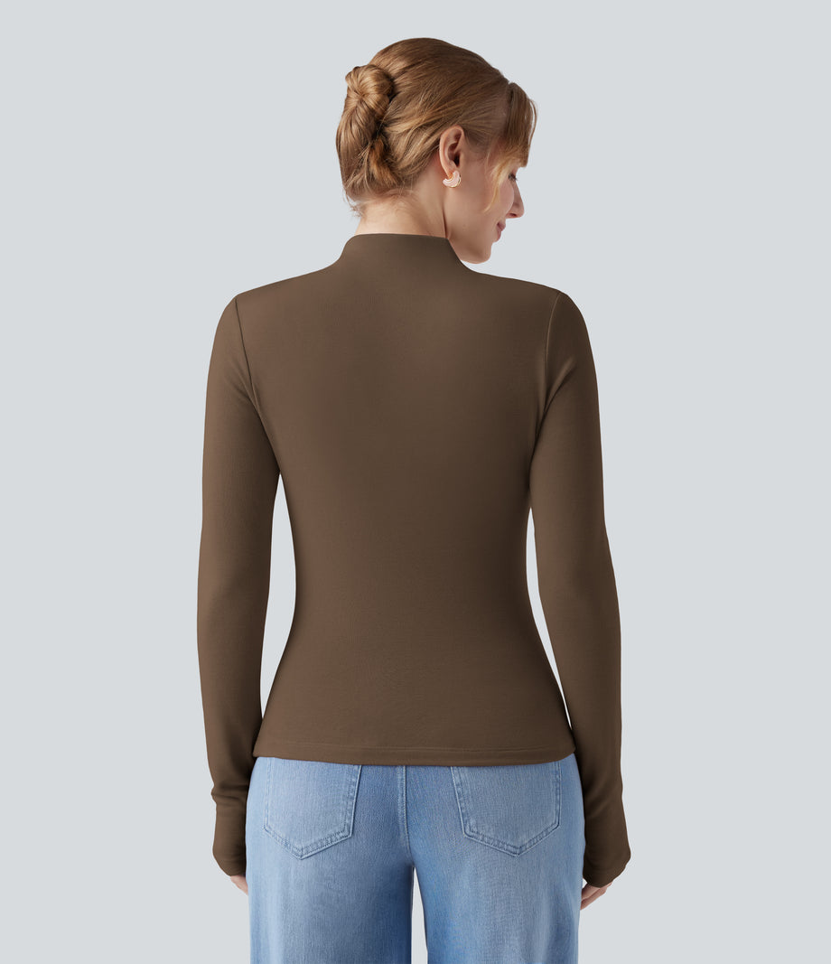 Mock-neck Long Sleeve Ruched Asymmetric Hem Thermal Casual Top - Dark Earth