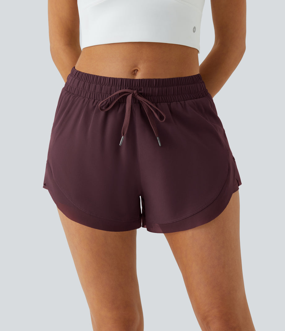 Mid Rise Drawstring Contrast Mesh 2-in-1 Flowy Running Shorts 3'' - Winetasting