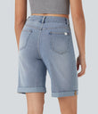 Halara Flex™ High Waisted Pockets Rolled Hem Washed Denim Casual Bermuda Shorts - Malibu Blue Denim