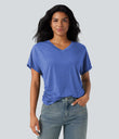 V-neck Short Sleeve Ruched Relaxed Casual Top - Sky Blue Floral Yarn