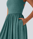 Twisted Backless Split Flowy Maxi Resort Dress with Pockets - Jade Green Floral Yarn