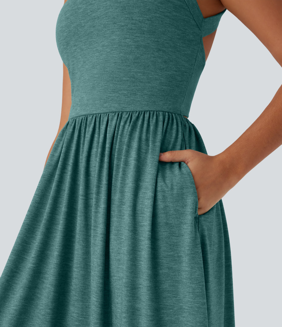 Twisted Backless Split Flowy Maxi Resort Dress with Pockets - Jade Green Floral Yarn