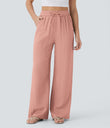High Waisted Drawstring Pocket Wide Leg Baggy Casual Linen-Feel Pants - Mineral Red