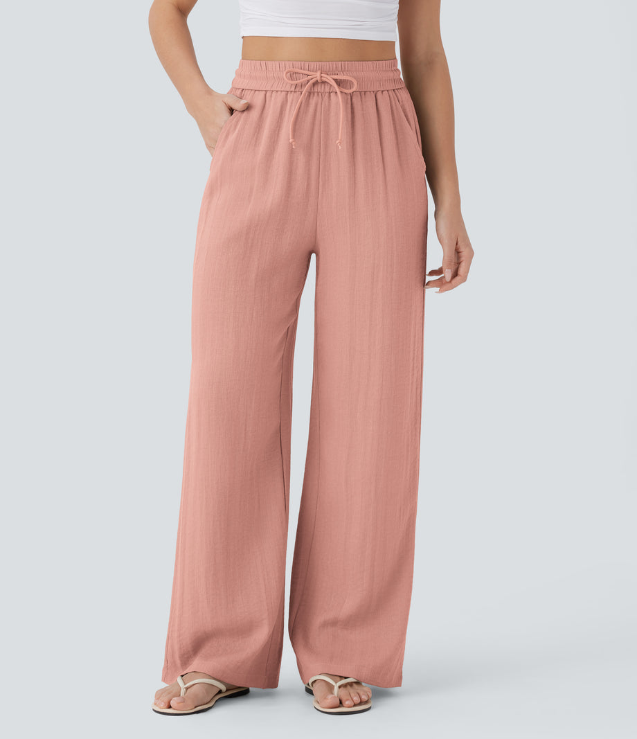 High Waisted Drawstring Pocket Wide Leg Baggy Casual Linen-Feel Pants - Mineral Red