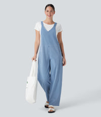 Halara Flex™ V Neck Pocket Washed Denim Casual Overalls - Campanula Blue Denim