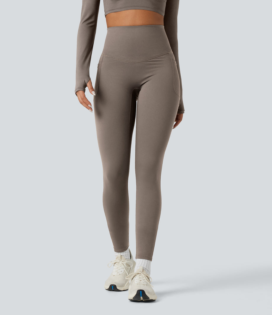 Halara Ultrasculpt™ Heat High Waisted Tummy Control Crossover Back Fleece Running Leggings with Pockets - Walnut