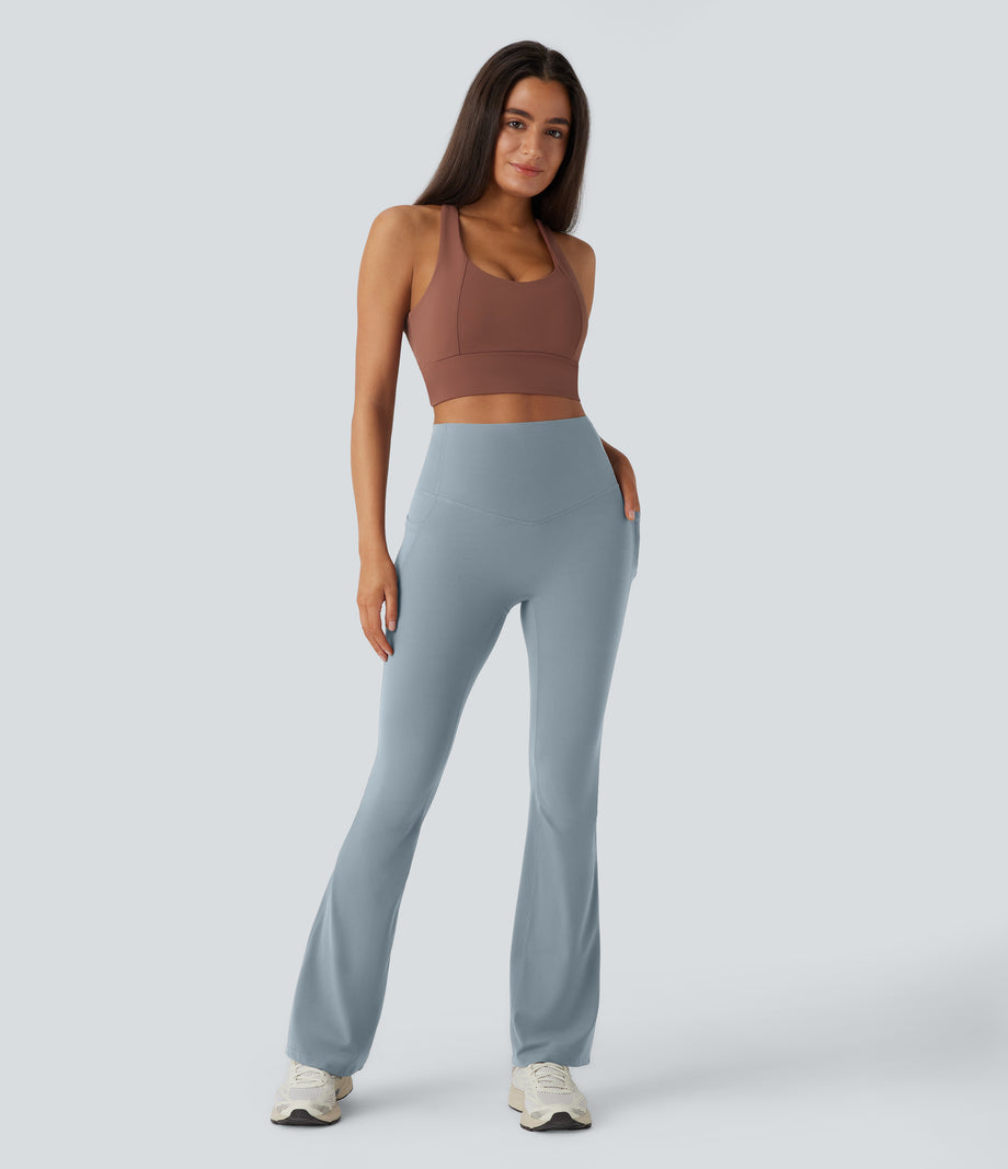 Halara UltraSculpt™ High Waisted Tummy Control Pocket Shaping Yoga Bootcut Leggings - Blue Flower Gray