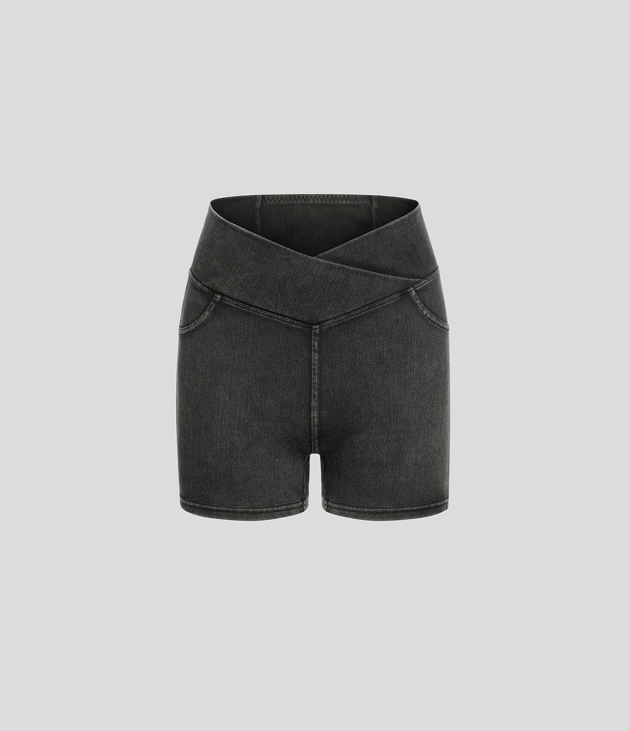 Halara Flex™ High Waisted Crossover Pocket Denim Casual Shorts 3" - Hemp Rope Black Denim