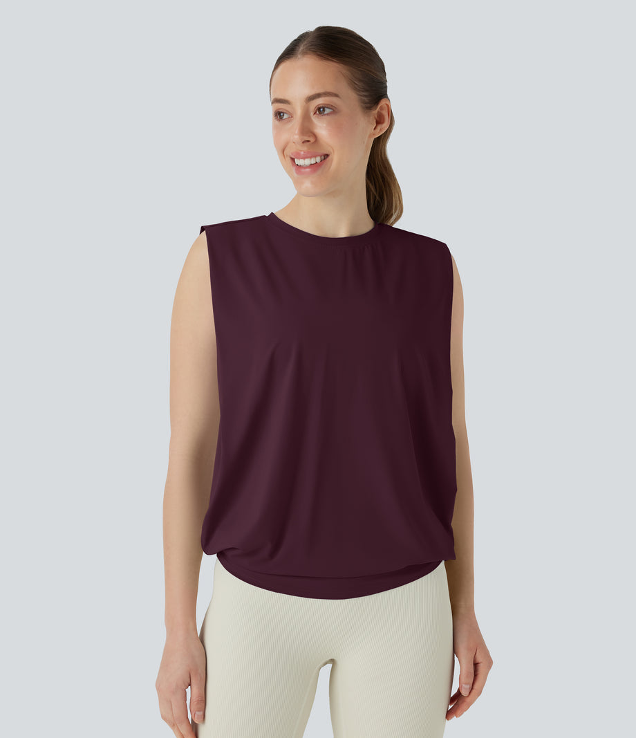 Round Neck Ruched Cool Touch Yoga Tank Top-UPF50+ - Fig