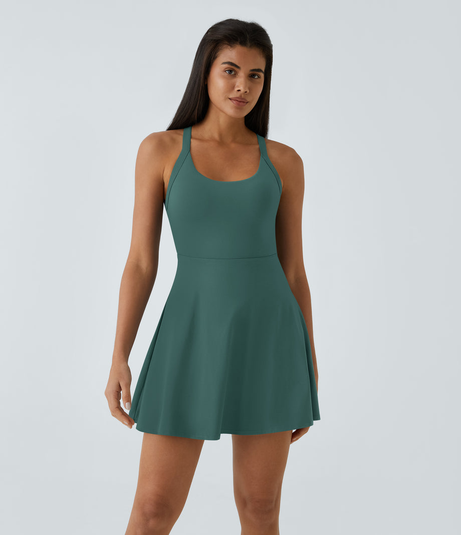 SoftlyZero™ Airy Backless Twisted Flare Low Support Dance Active Dress-Longer Length-Easy Peezy Edition A-D Cups - Blue Spruce