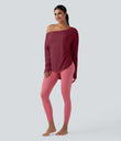 One Shoulder Long Sleeve Thumb Hole Curved Hem High Low Quick Dry Yoga Sports Top-Built-in Bra - Tibetan Red