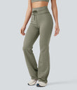 High Waisted Drawstring Stripe Flare Yoga Pants with Pockets - Camo Olive Green