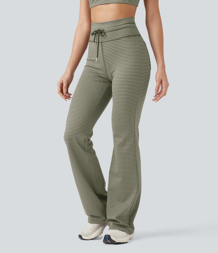 High Waisted Drawstring Stripe Flare Yoga Pants with Pockets - Camo Olive Green