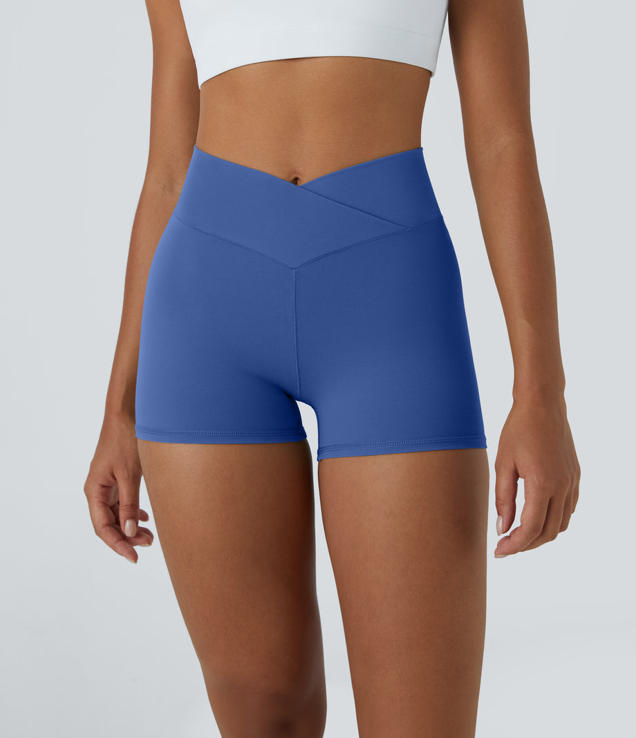 SoftlyZero™ High Waisted Crossover Plain Yoga Biker Shorts 3''-UPF50+ - Beaucoup Blue