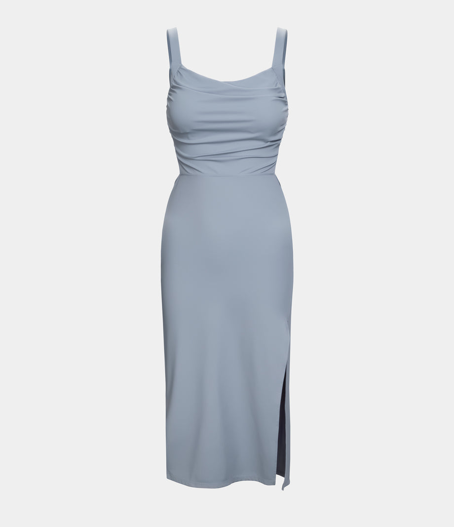 Ruched Lace Up Bodycon Midi Casual Dress - Snowflake Blue