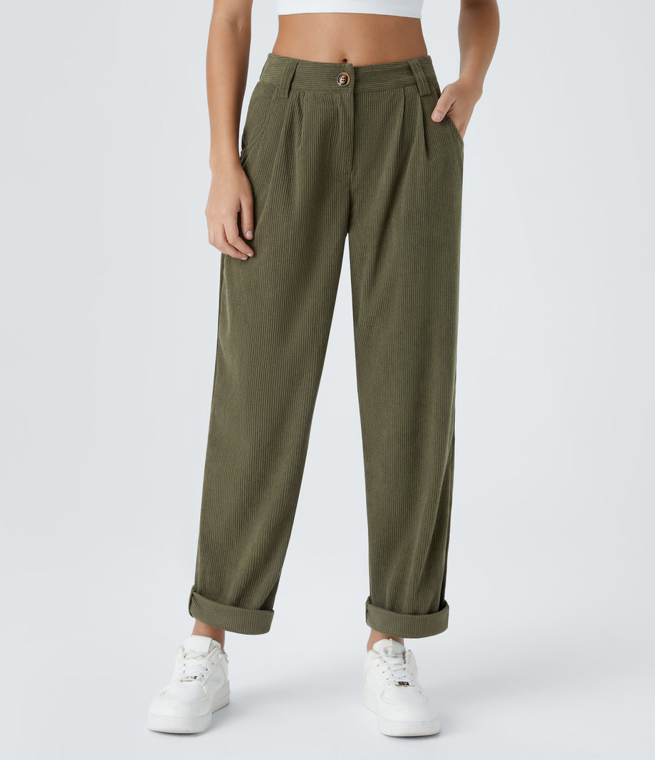Mid Rise Zipper Pocket Corduroy Casual Pants - Hazel Mist Green