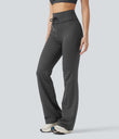High Waisted Drawstring Stripe Flare Yoga Pants with Pockets - Iron Gray