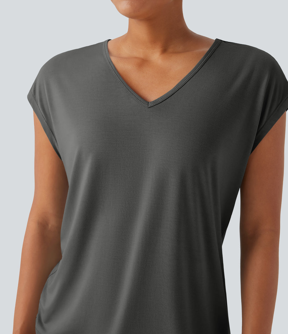 V Neck Short Sleeve Casual T-Shirt - Night Owl