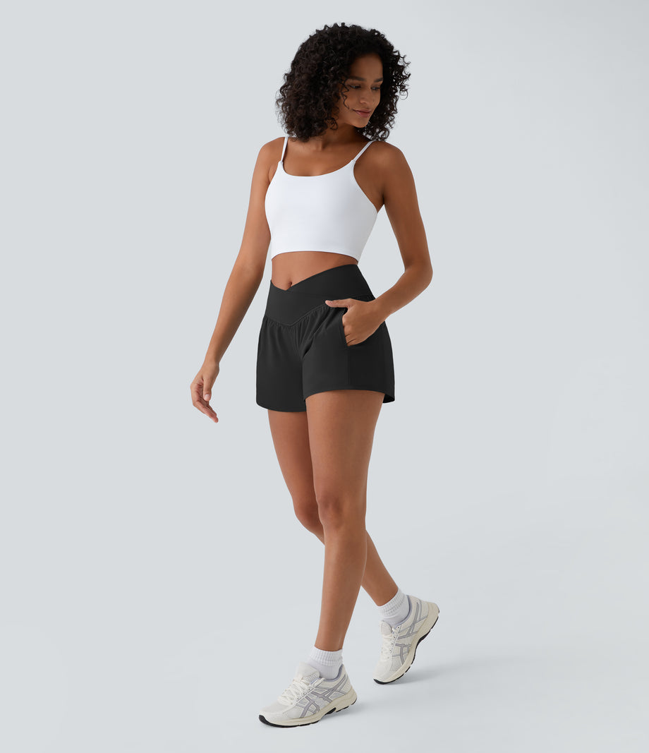 Breezeful™ High Waisted Crossover Pocket 2-in-1 Quick Dry Yoga Shorts 4" - Black