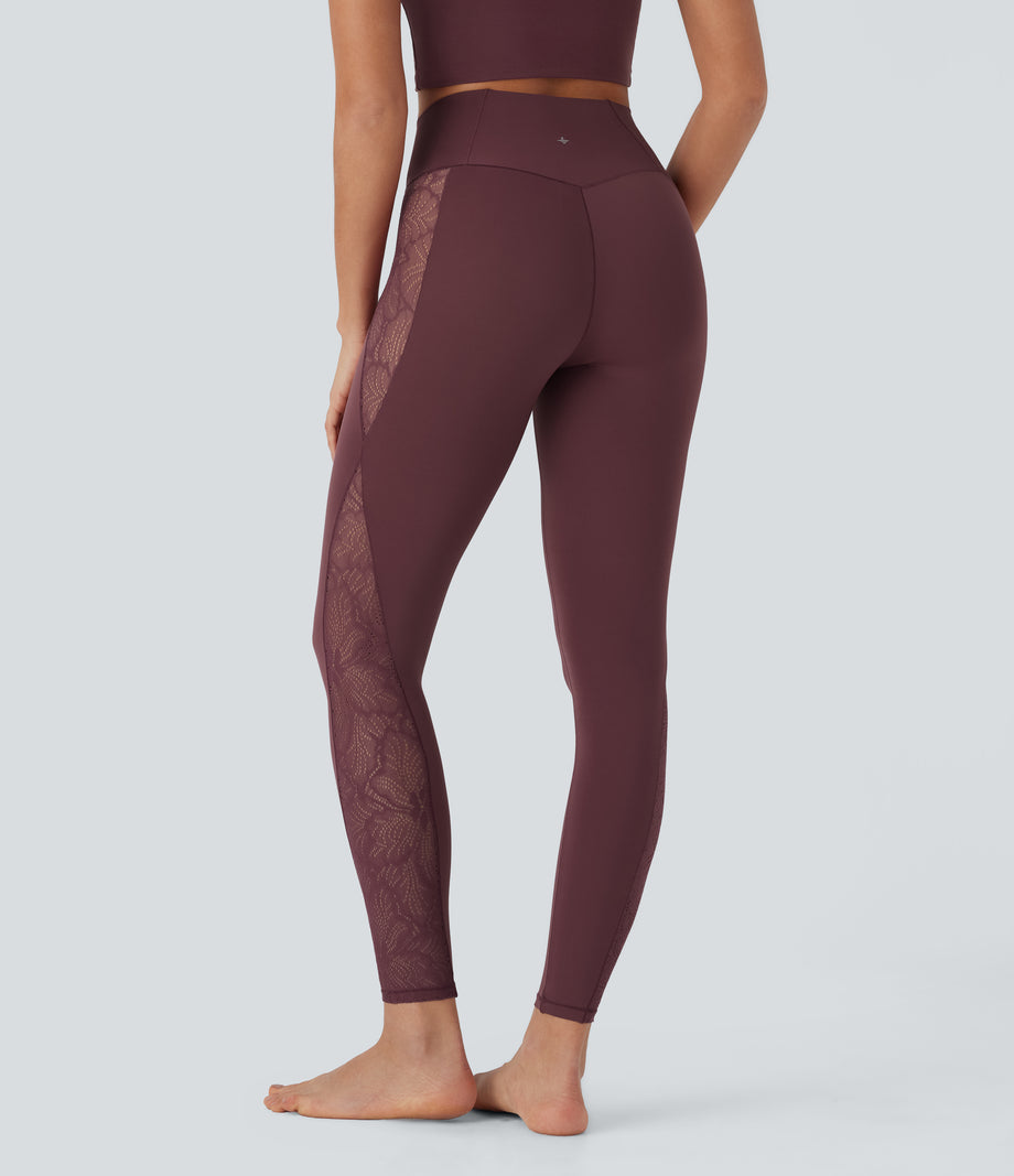 SoftlyZero™ High Waisted Crossover Contrast Lace Pocket Yoga Leggings-UPF50+ - Red Mahogany