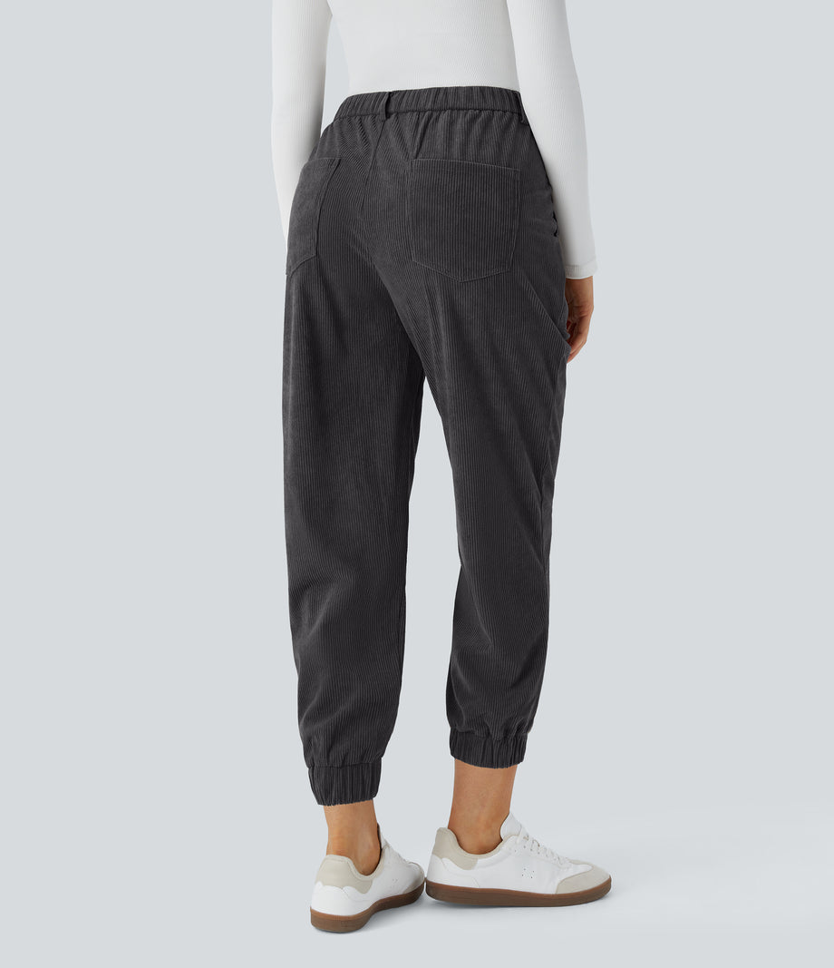 Mid Rise Zipper Pockets Corduroy Casual Joggers - Phantom