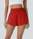 SoftlyZero™ QuickDry High Waisted Tummy Control Reflective Dots Crossover Hem 2-in-1 Running Shorts 3'' with Pockets - Valiant Poppy