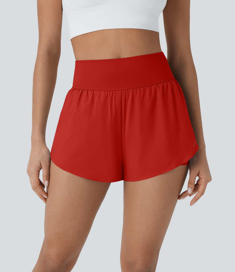 SoftlyZero™ QuickDry High Waisted Tummy Control Reflective Dots Crossover Hem 2-in-1 Running Shorts 3'' with Pockets - Valiant Poppy