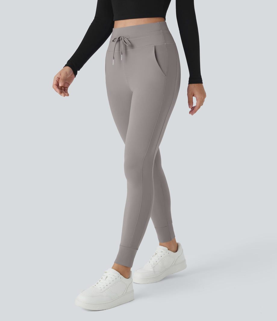 SoftlyZero™ Plush High Waisted Drawstring Pocket Plain Full Length Joggers - Gull