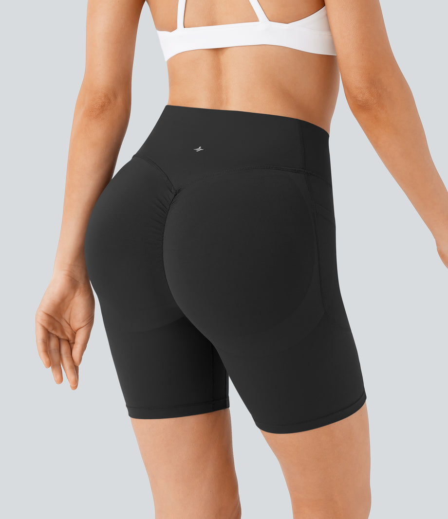 Halara UltraSculpt™ High Waisted Scrunch Butt Lifting Tummy Control Side Pocket Shaping Workout Biker Shorts 7'' - Black
