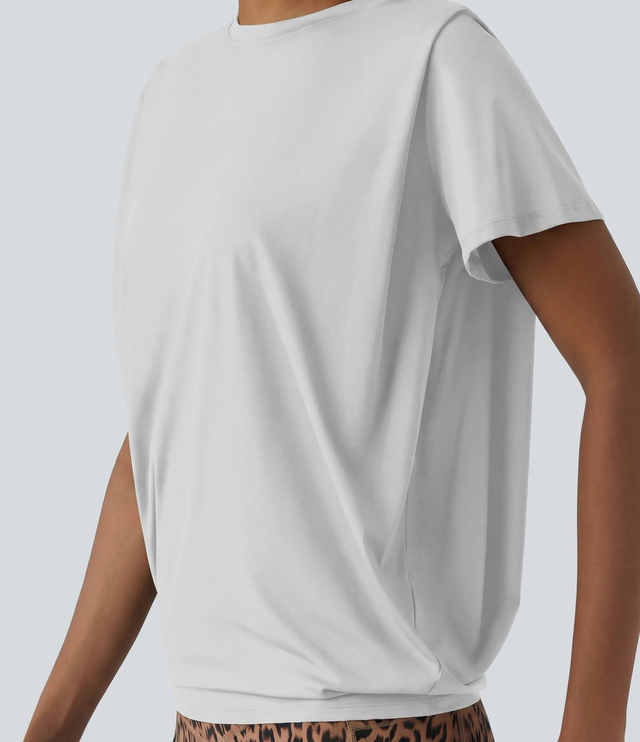 Round Neck Short Sleeve Ruched Cool Touch Yoga Sports Top-UPF50+ - Nimbus Cloud
