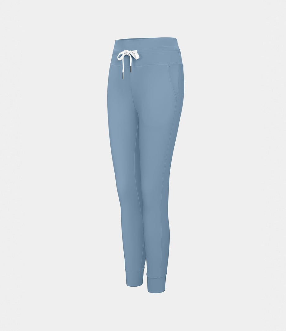 SoftlyZero™ Plush High Waisted Drawstring Pocket Plain Full Length Joggers - Grey Blue