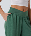 Crossover High Waisted Pocket Drawstring Casual Joggers - Emerald Floral Yarn