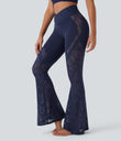 SoftlyZero™ High Waisted Crossover Pocket Contrast Lace Flare Yoga Leggings - Peacoat