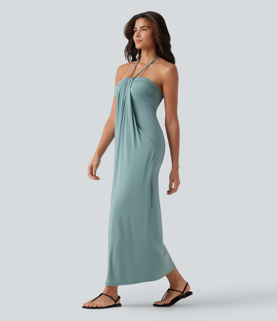 Halter Tie Back Maxi Dress with Pockets - Aquifer