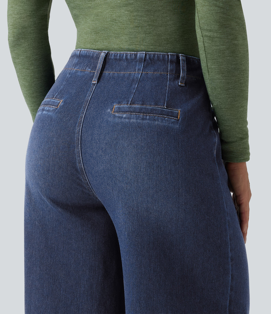 Halara Flex™ High Waisted Pockets Washed Casual Wide Leg Jeans - Estate Blue Denim
